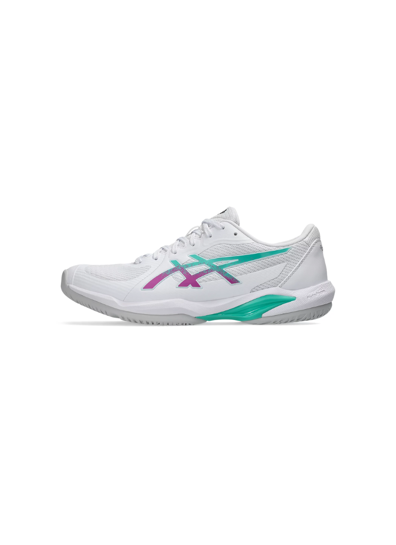 Lateral side profile view of the Asics Solution Swift FF 2 Court Shoe displaying the white mesh upper, gradient teal-to-magenta Asics side stripes, and vibrant teal Twistruss shank.