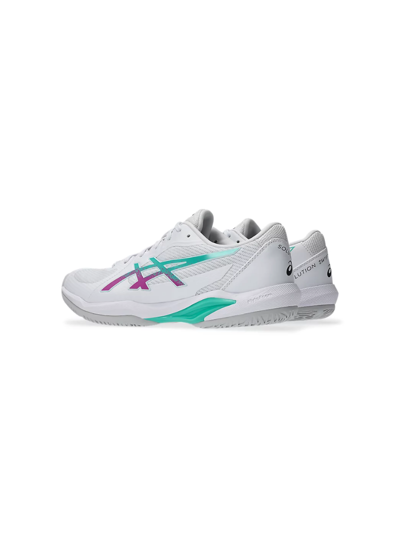 Three-quarter rear perspective view of the Asics Solution Swift FF 2 Court Shoes showcasing the reinforced heel tab, padded white collar, and teal midfoot support shank.