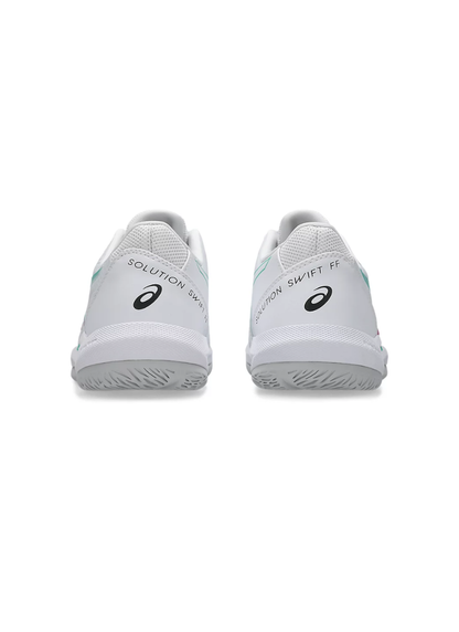 Direct back rear view of the Asics Solution Swift FF 2 Court Shoes displaying smooth white heel counters printed with "SOLUTION SWIFT FF" text and black Asics logos.