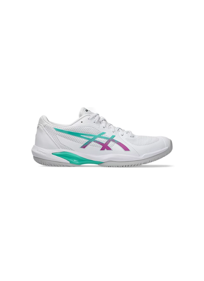 Medial side profile view of the Asics Solution Swift FF 2 Court Shoe highlighting the white synthetic upper, teal side stripe details, and FlyteFoam cushioned midsole.