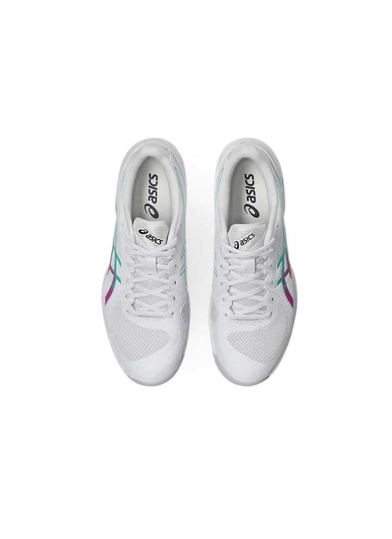 Overhead top-down view of the Asics Solution Swift FF 2 Court Shoes showing the breathable white mesh toe box, white laces, black Asics tongue branding, and white insoles.