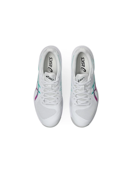 Overhead top-down view of the Asics Solution Swift FF 2 Court Shoes showing the breathable white mesh toe box, white laces, black Asics tongue branding, and white insoles.