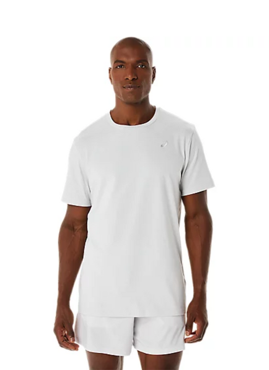 Front view of a Man wearing a glacier grey Asics t-shirt and shorts set on a white background.