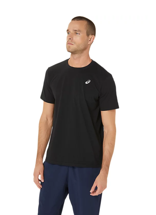 Man wearing a black t-shirt with a white Asics logo on a white background
