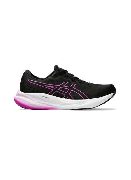 Black running shoe with pink accents on a white background