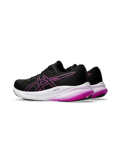 Back view of a pair of asics Black and pink running shoes on a white background