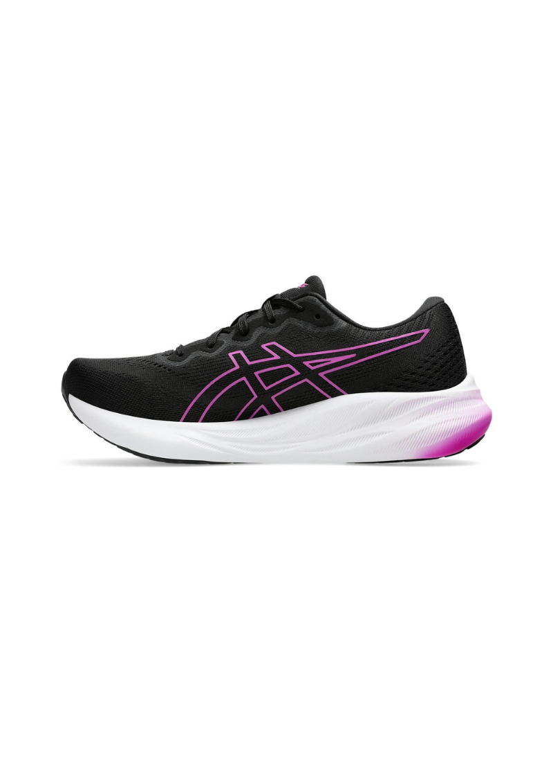 a pair of asics Black and pink running shoes on a white background