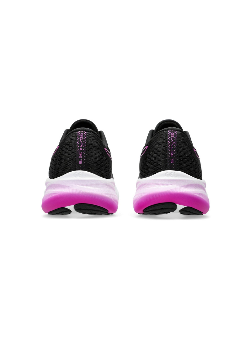 A pair of asics gel-pulse 15 Black and pink running shoes on a white background, shot from behind