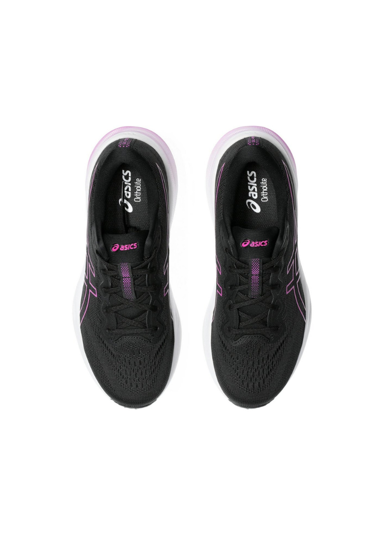 A pair of asics gel-pulse 15 Black and pink running shoes on a white background, shot from the top