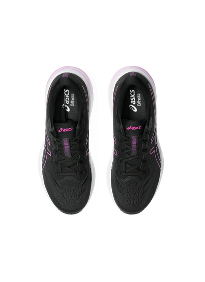 A pair of asics gel-pulse 15 Black and pink running shoes on a white background, shot from the top