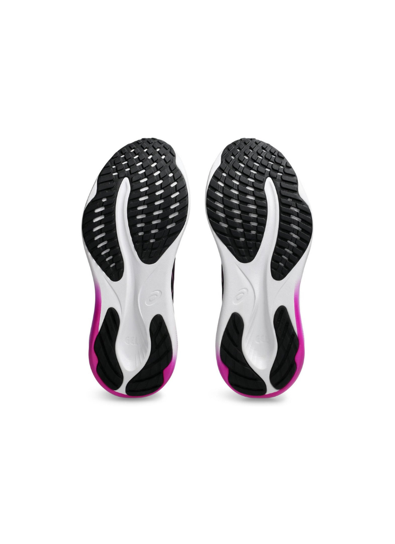 Black, white, and pink sole of a pair of asics gel-pulse 15 shoe on a white background