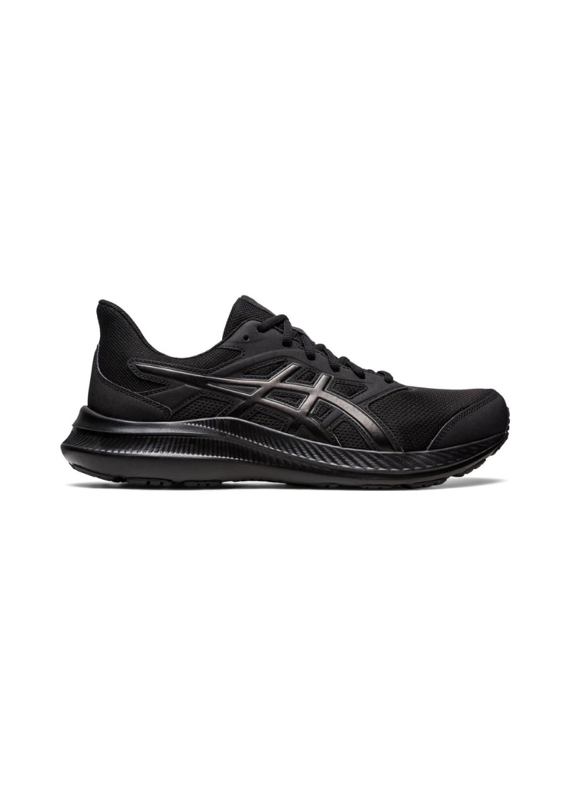 Black running shoe with brand logo on a white background