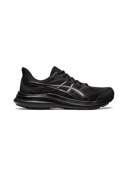Black running shoe with brand logo on a white background