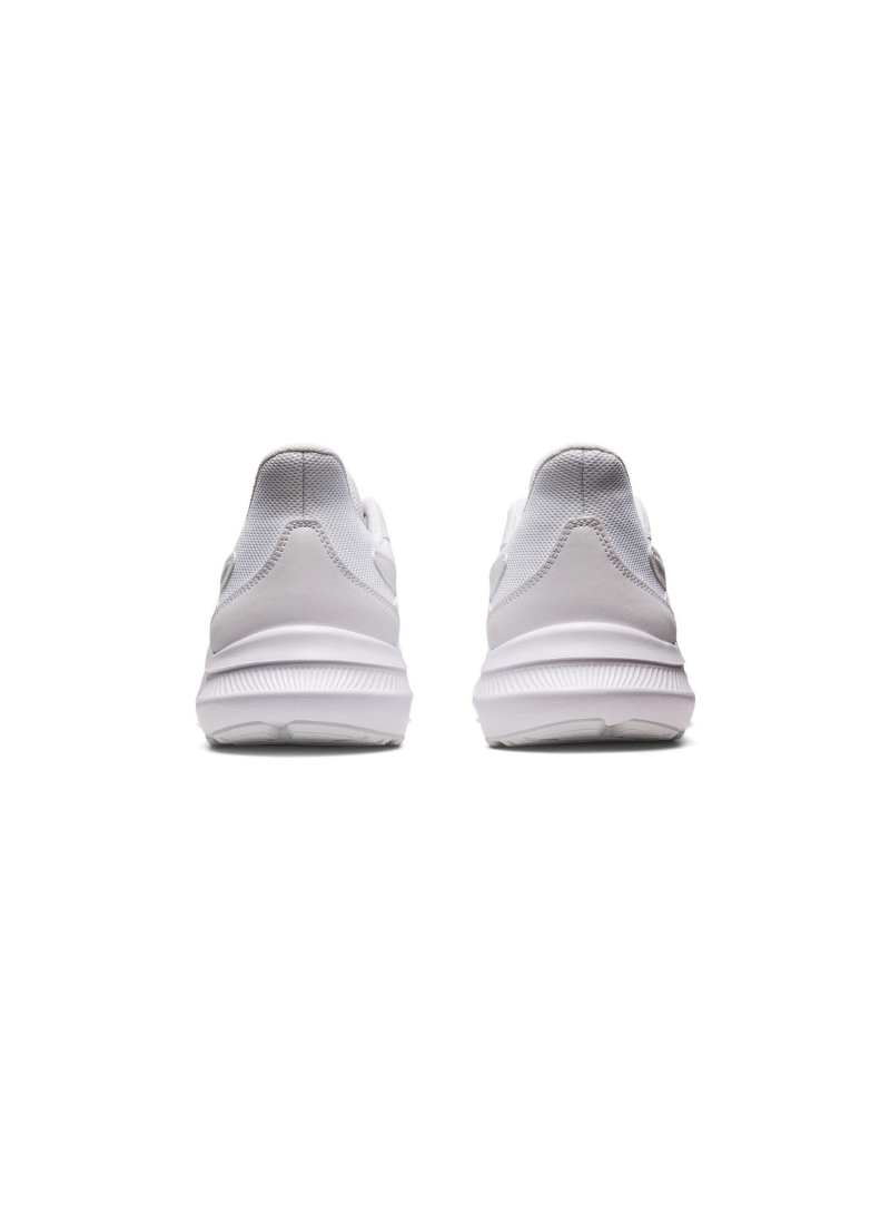 Pair of white asics athletic shoes on a white background, shut from behind