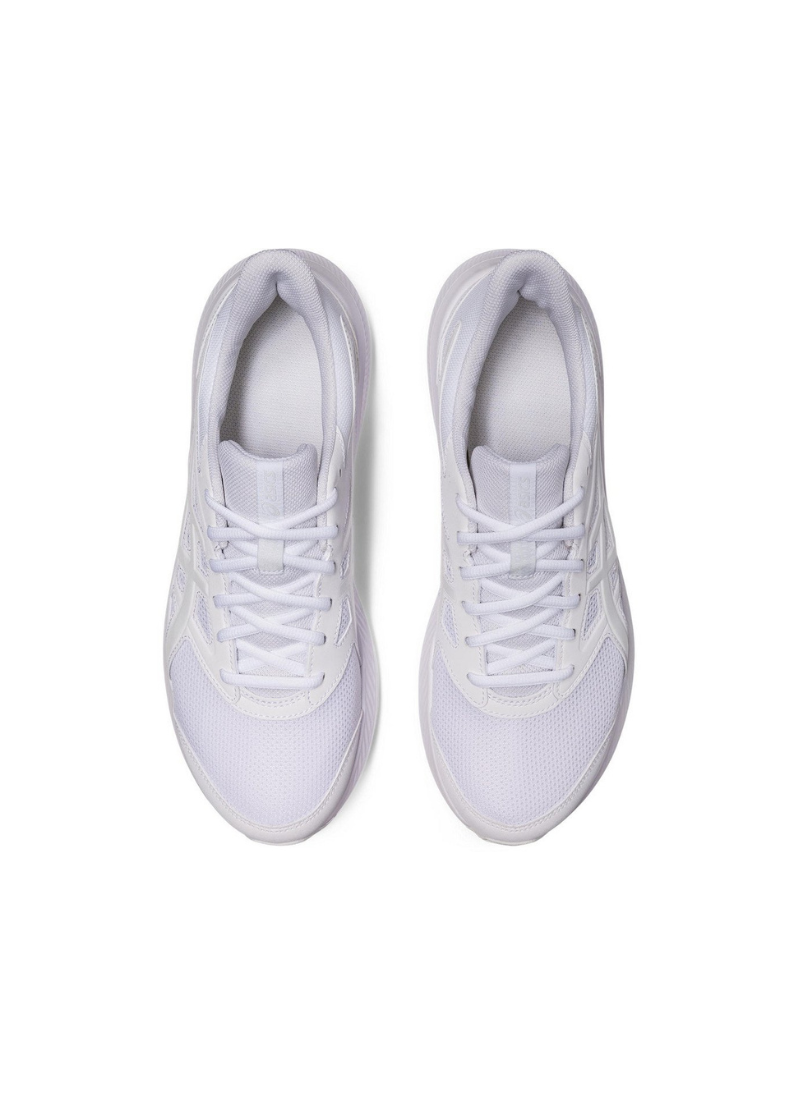 Pair of white asics sneakers on a white background, overhead shot