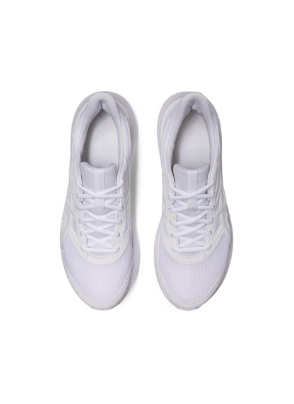 Pair of white asics sneakers on a white background, overhead shot