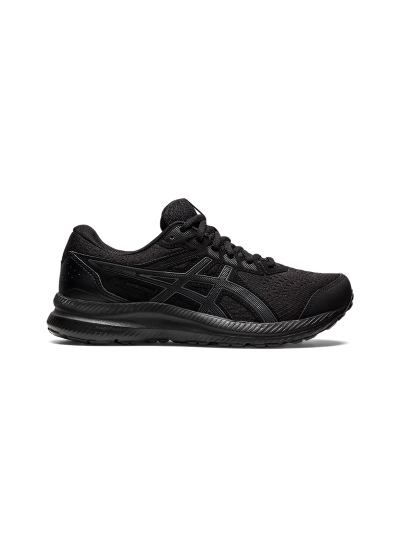 A pair of black Asics Gel-Contend 8 men's running shoes with a jacquard mesh upper and synthetic stitching on overlays.