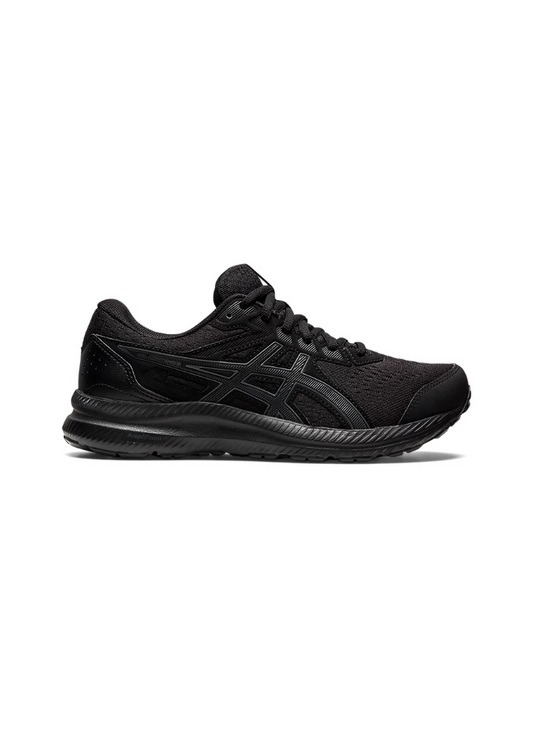 A pair of black Asics Gel-Contend 8 men's running shoes with a jacquard mesh upper and synthetic stitching on overlays.