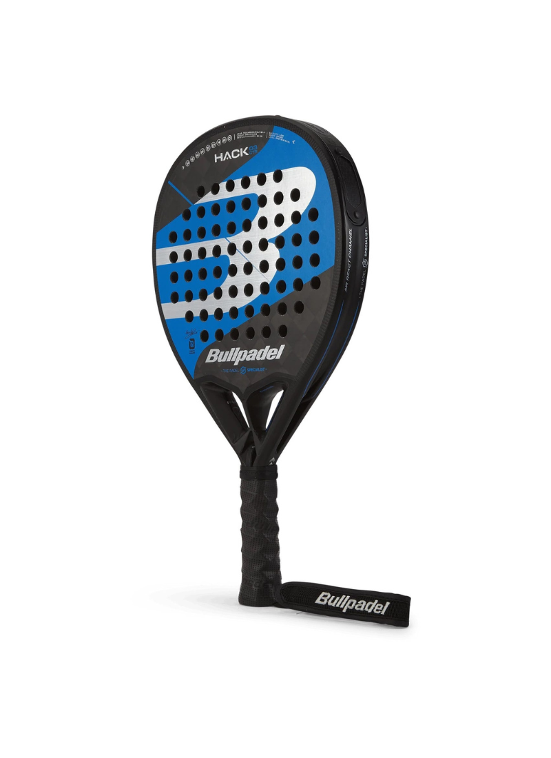 Angled view of Bullpadel hack padel racket on a white background