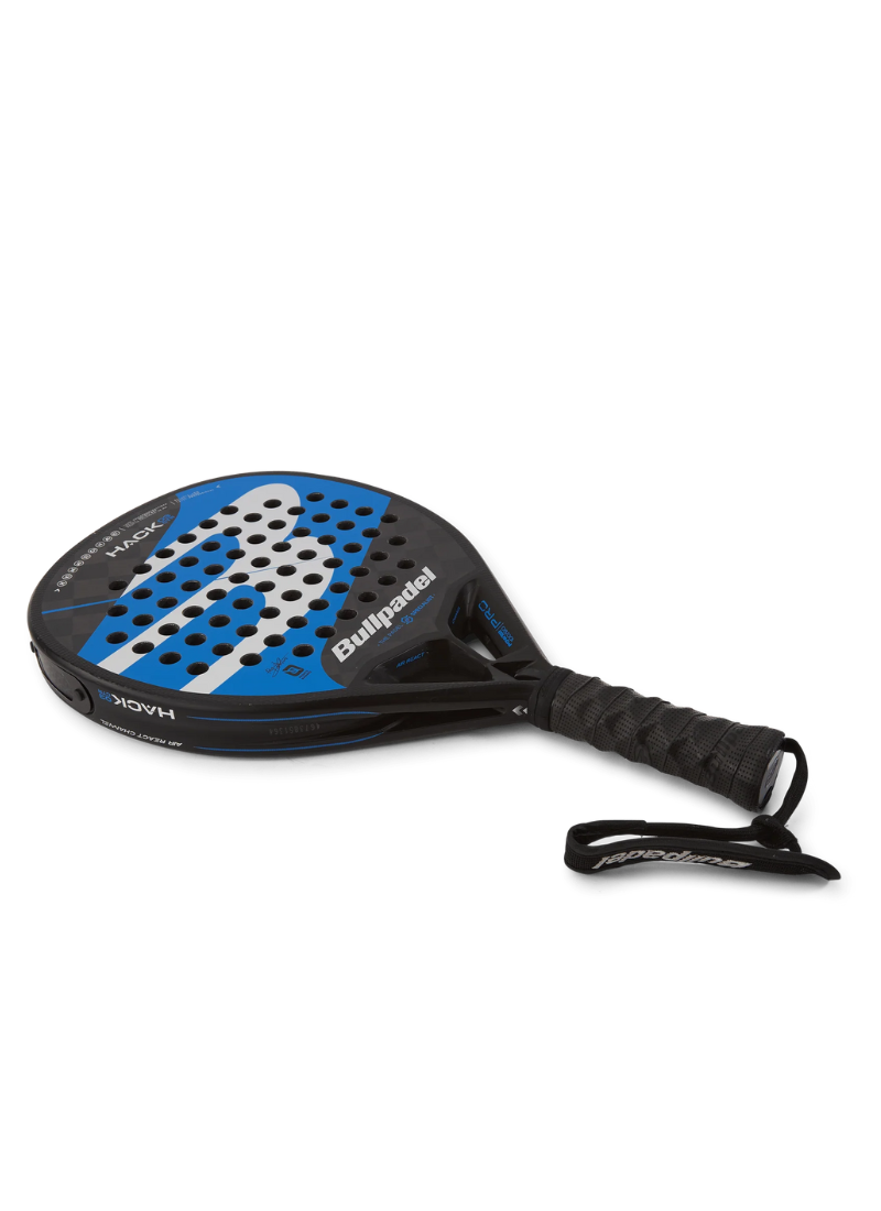 Paddle with blue and black design on a white background