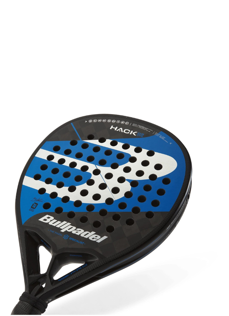 Close up of a Blue and black Bullpadel racket with 'Hack' branding on a white background