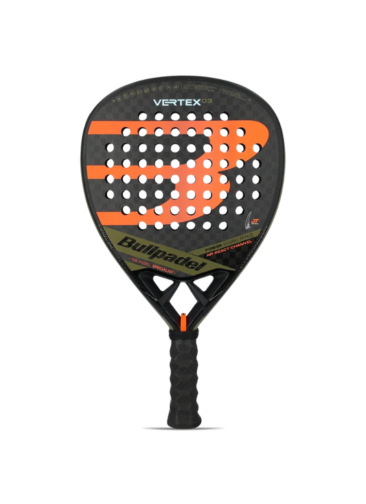 Front view of a Bullpadel racket with black and orange design on a white background