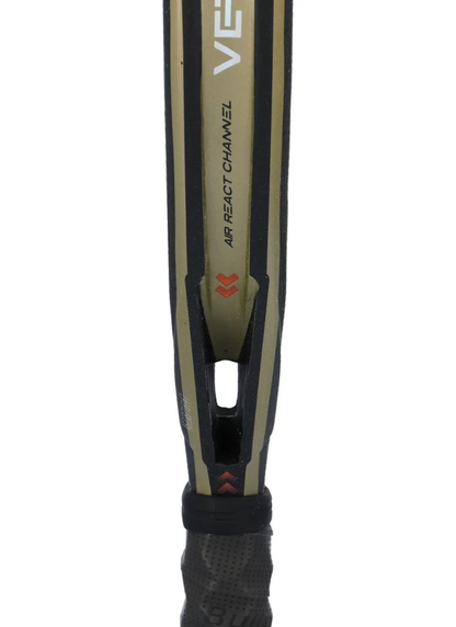 Close-up of the side of a Bullpadel Vertex 03 padel racket with orange and black design.