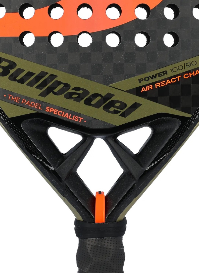 Close-up of a Bullpadel paddle with text and branding on a white background