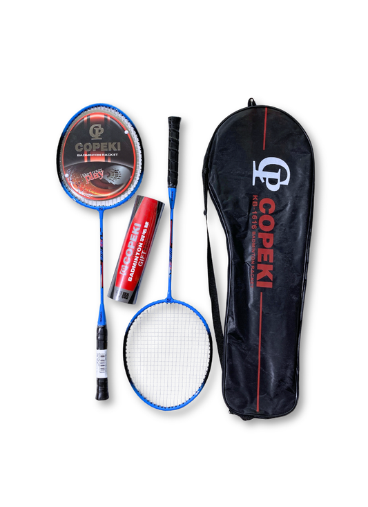 Copeki badminton set featuring 2 blue rackets, a tube of shuttlecocks, and a black carrying case.