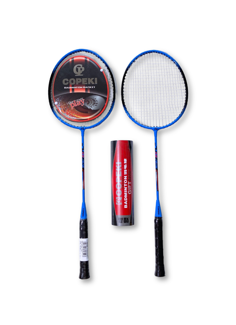 Set of 2 blue Copeki badminton rackets shown with a red tube of shuttlecocks.