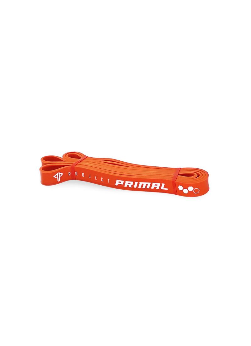 Orange resistance band with 'Primal' branding on a white background