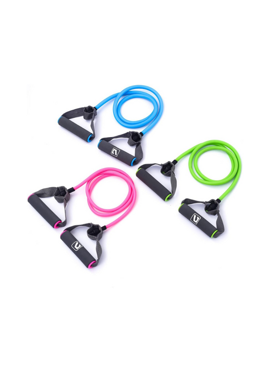 Set of resistance bands in blue, pink, and green on a white background