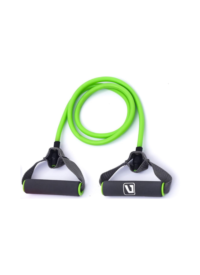 Green toning tube with black handles on a white background