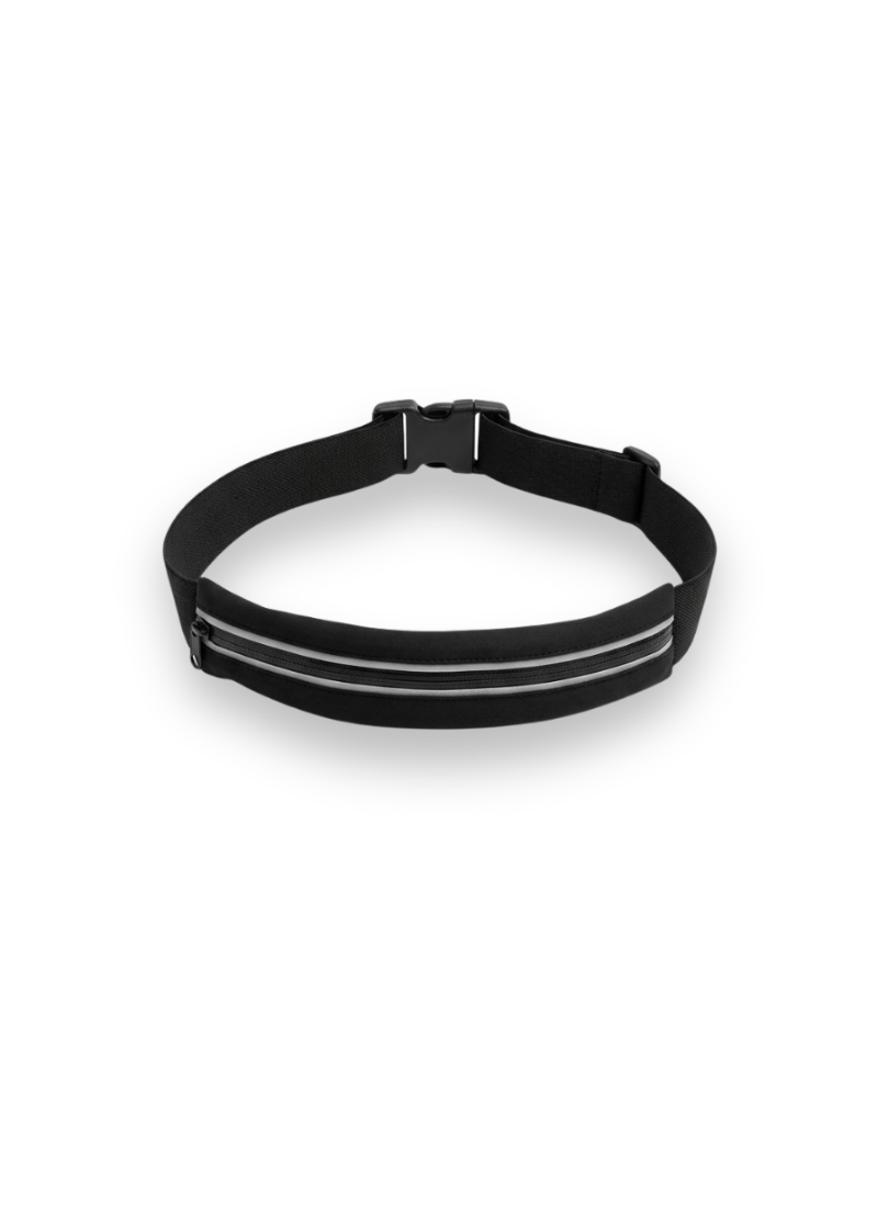 A black athletic waist pack with reflective silver stripes and an adjustable buckle, shown on a plain white background.