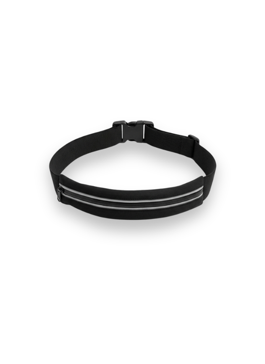 A black athletic waist pack with reflective silver stripes and an adjustable buckle, shown on a plain white background.