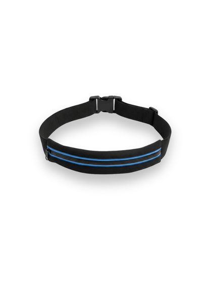 A black waist or athletic belt with two bright blue reflective stripes and a black buckle, shown on a plain white background.