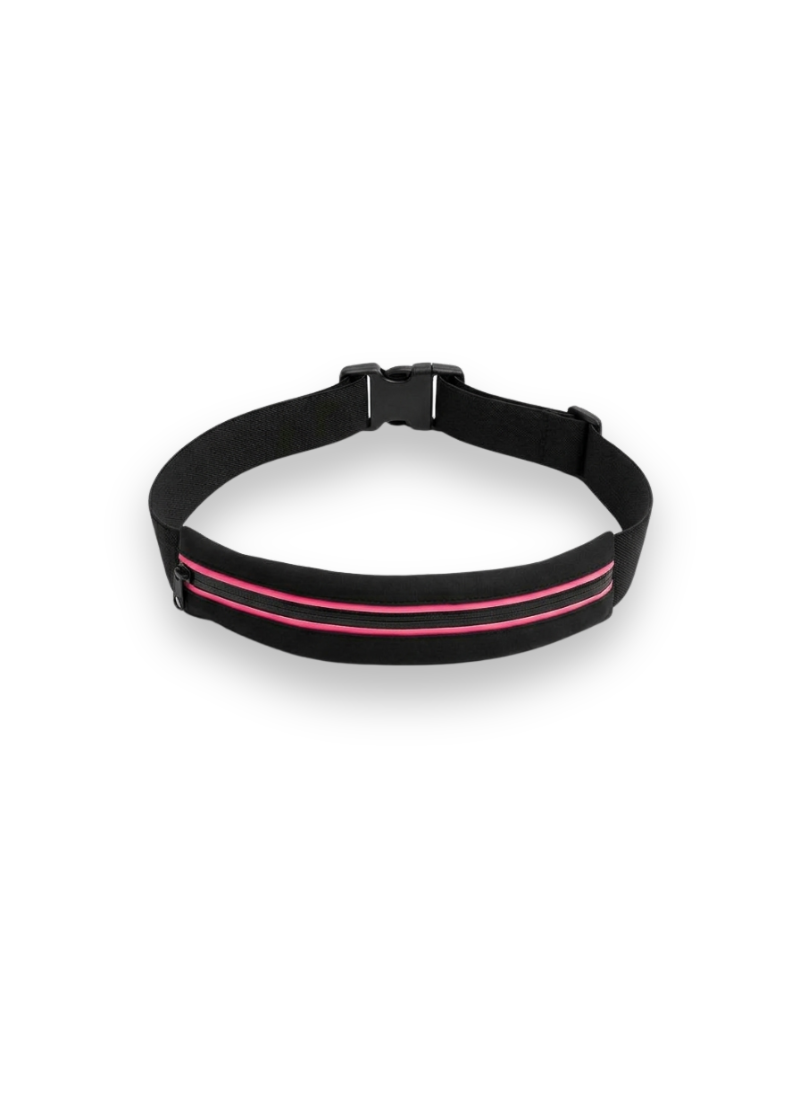 A black athletic waist wrap or belt with two bright pink reflective stripes and a black plastic buckle, shown on a plain white background.