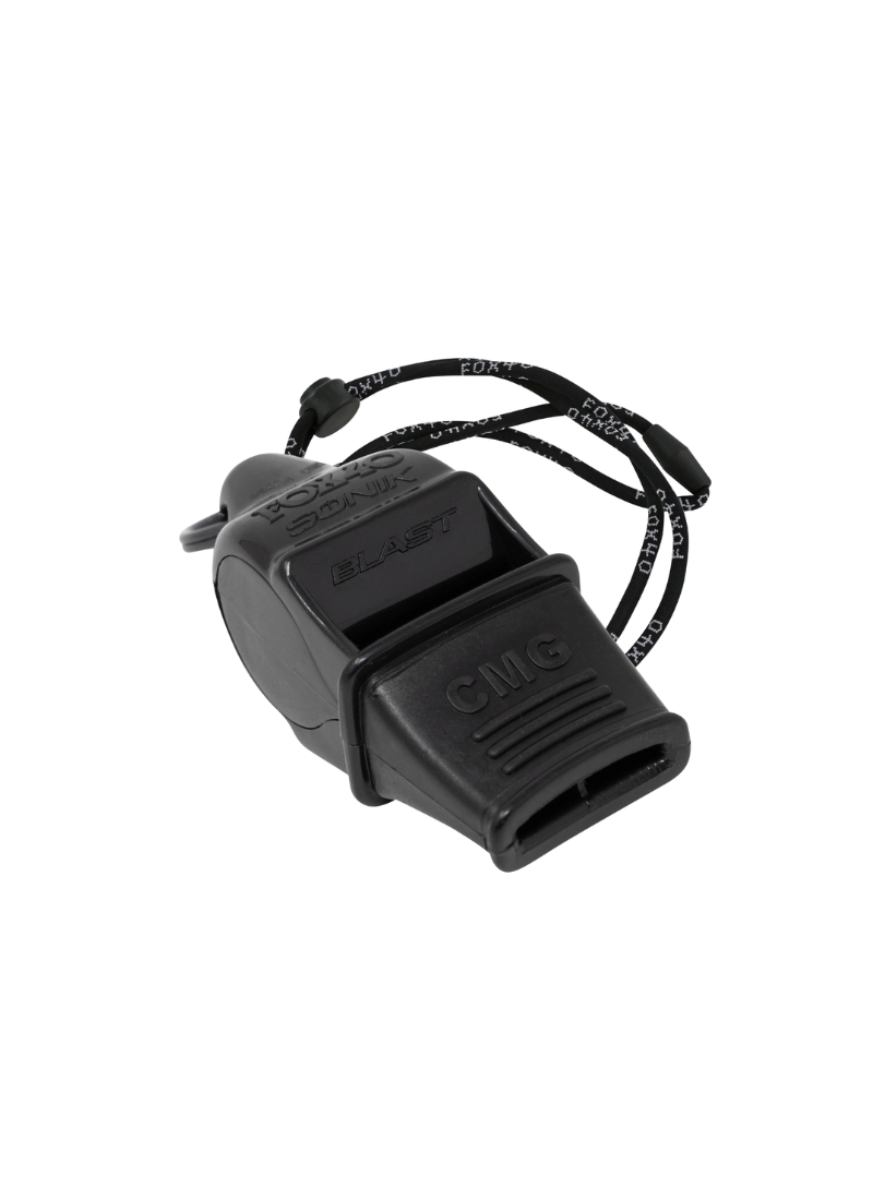 Sleek all-black Fox 40 Sonik Blast CMG pealess whistle with an integrated black thermoplastic cushioned mouth grip and lanyard on a white background.