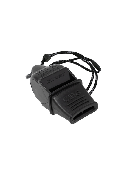 Sleek all-black Fox 40 Sonik Blast CMG pealess whistle with an integrated black thermoplastic cushioned mouth grip and lanyard on a white background.