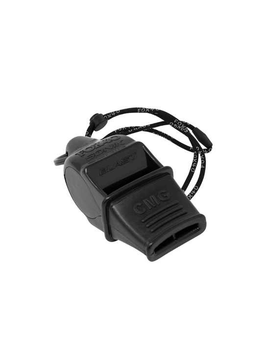 Sleek all-black Fox 40 Sonik Blast CMG pealess whistle with an integrated black thermoplastic cushioned mouth grip and lanyard on a white background.