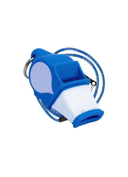 Close-up of a blue and white Fox 40 Sonik Blast CMG safety whistle featuring a cushioned mouthpiece and a blue branded wrist lanyard.