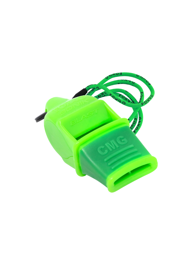 Studio shot of a bright neon green Fox 40 Sonik Blast CMG pealess whistle with a matching green branded lanyard on a clean white background.