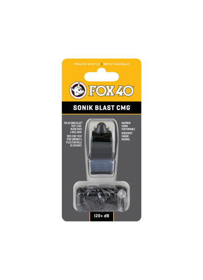 Black Fox 40 Sonik Blast CMG referee whistle secured in its original yellow and gray retail card packaging with a lanyard.