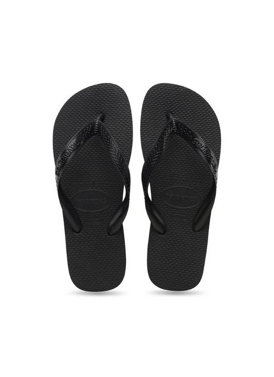 top view of a pair of back havaianas top flip flops on a white background