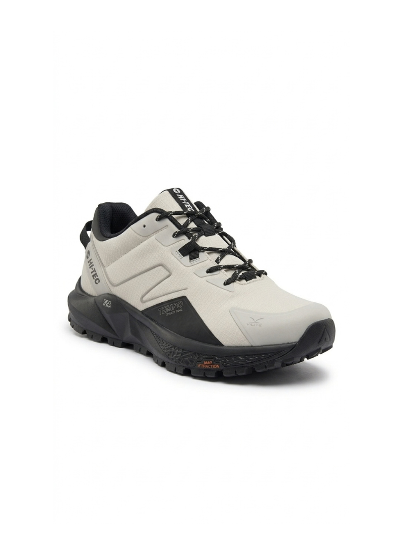 Hi-Tec Geo Tempo men's trail running shoe in cool grey and black, angled front view showing black laces and lugged outsole