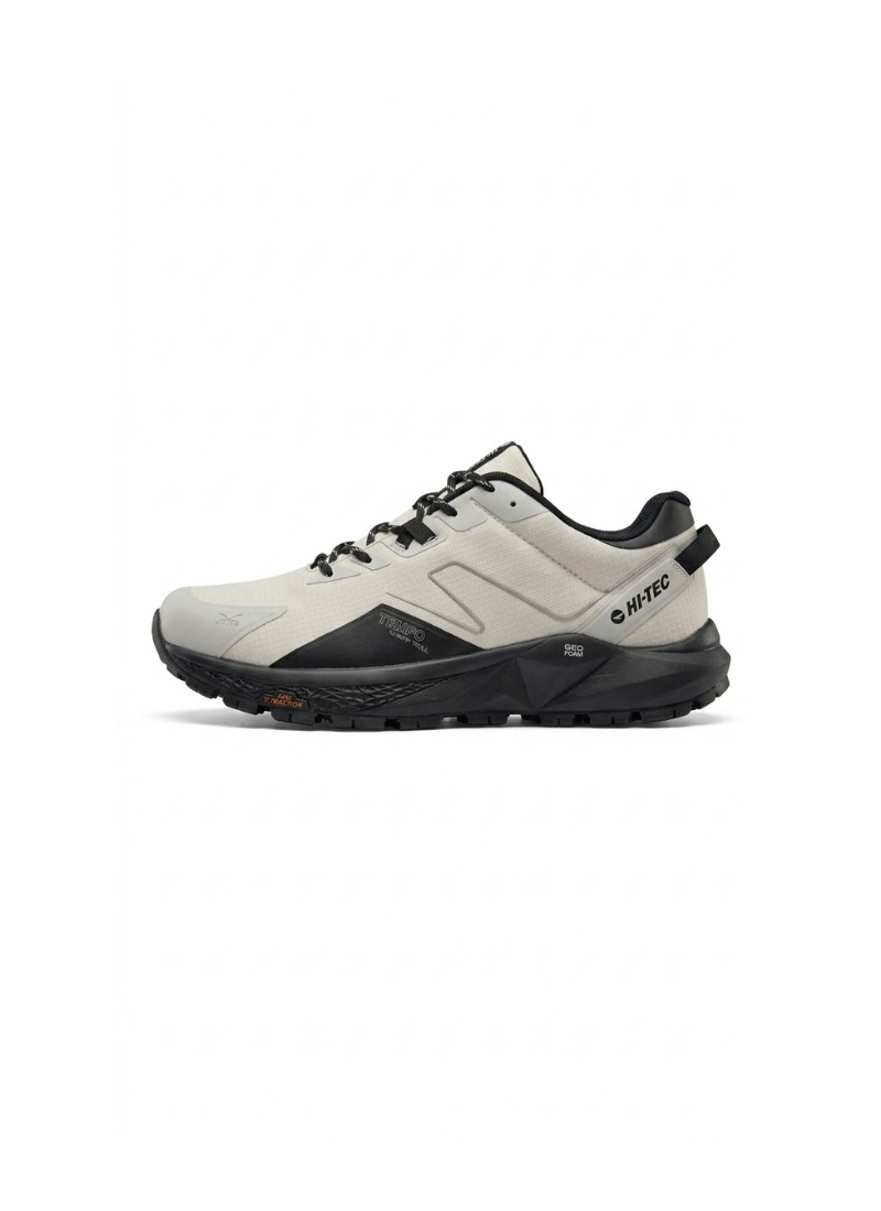Left-facing side profile of the Hi-Tec Geo Tempo men's trail running shoe with black Geo Foam midsole and Hi-Tec logo at the heel