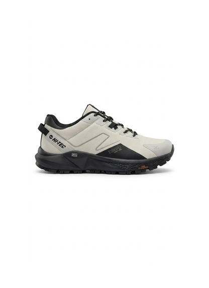 Right-facing side view of the Hi-Tec Geo Tempo men's trail running shoe showing Geo Foam badge and Tempo branding on the black overlay