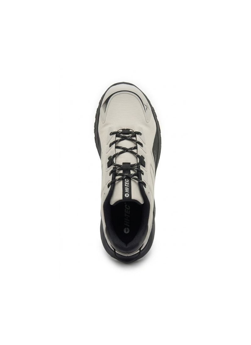 Top-down view of the Hi-Tec Geo Tempo men's trail running shoe showing the lacing, Hi-Tec logo on the tongue and black collar