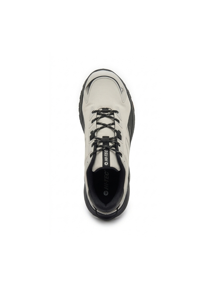 Top-down view of the Hi-Tec Geo Tempo men's trail running shoe showing the lacing, Hi-Tec logo on the tongue and black collar