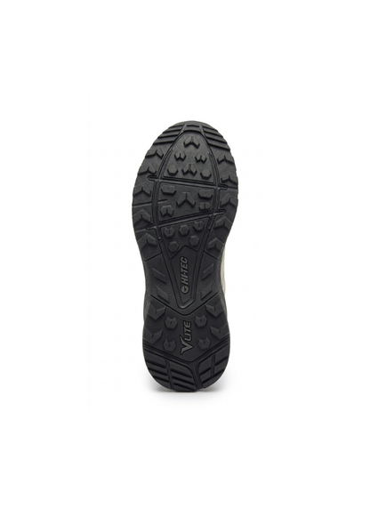 Black lugged outsole of the Hi-Tec Geo Tempo men's trail running shoe with multidirectional lugs and V-Lite marking at the heel
